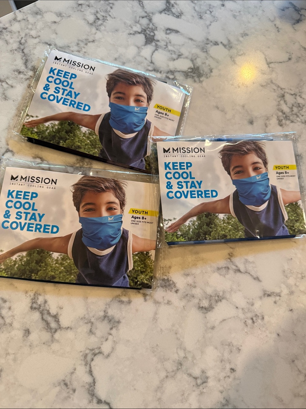 Mission Youth Instant Cooling Neck Gaiter - 3 packs Blue cloud and black cloud.